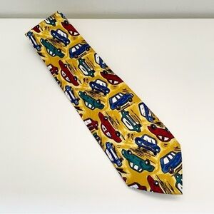 Vintage Keith Daniels silk car tie novelty cartoon teacher fun yellow Americana